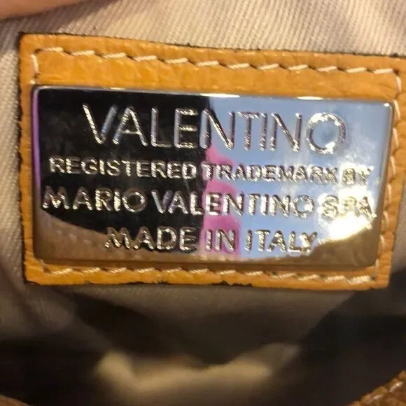 Mario Valentino Tan Small Satchel Crossbody Bag Silver Grommets Adjustable Strap - Picture 6 of 8